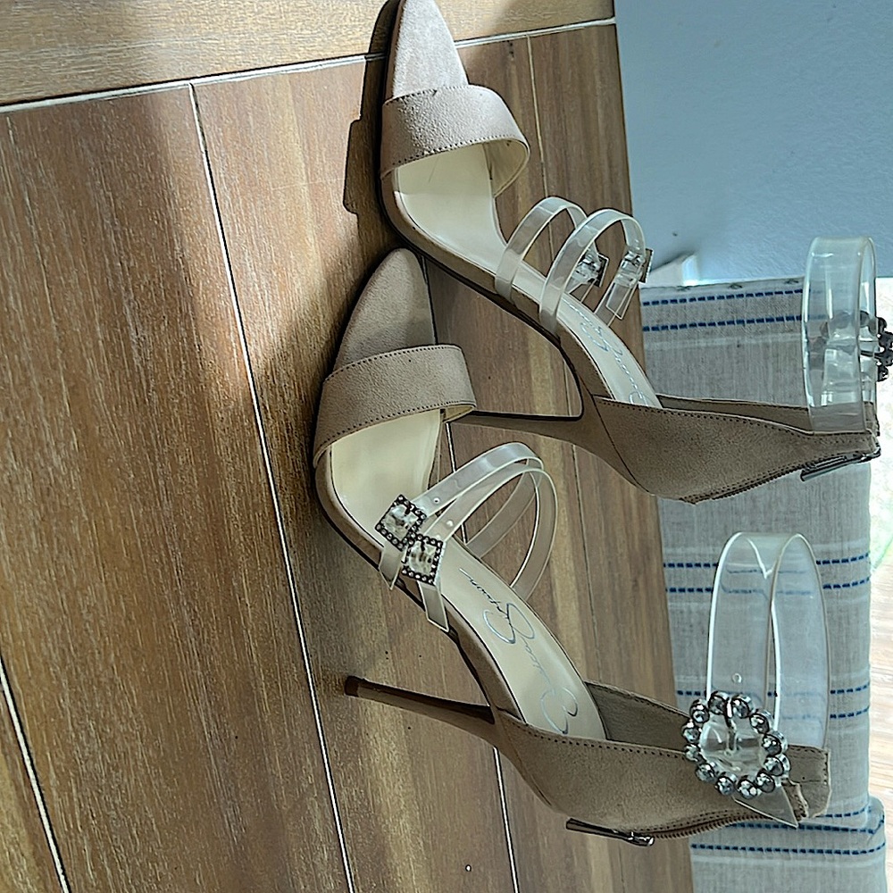 Jessica Simpson acrylic and nude suede heels. Rhinestone accents. 3” stiletto